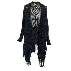 Women's CHICO'S Open Knit Fringed Cardigan ~ Navy Blue & Metallic Silver ~ Large